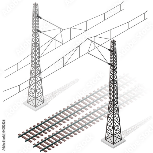 Vector railway in isometric 3d perspective isolated on white background with railroad train power lines. Pylons with trolley. Industrial transportation building. Metallic track architecture with frets