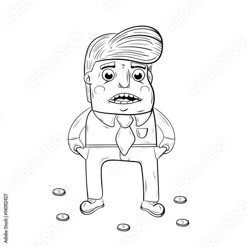 broke businessman showing empty pockets.