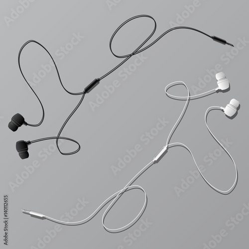Vector earphones with connector and switch controller. Isolated objects in white and black. Flat lay design