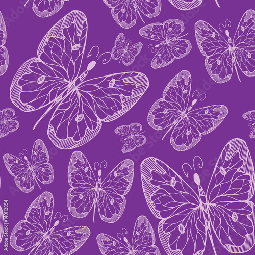 Seamless abstract pattern background with flying hand drawn butterflies. Vector illustration. Design for textile or paper.