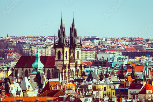 Tyn church in Prague, Czech Republic on a sunny day closeup