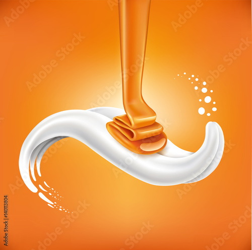 caramel candy flow lying on milk tongue