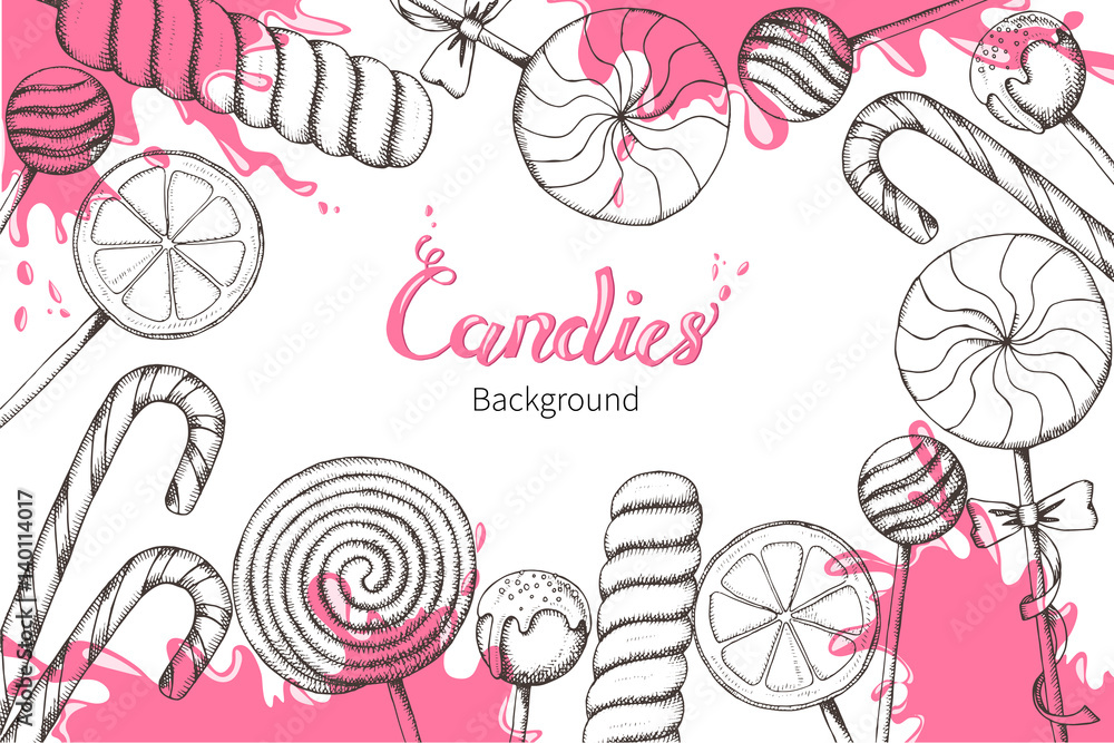 Vector background with hand-drawn candies on white with pink glaze. Lettering. Sweet menu. Desert. Sketch. Vector design