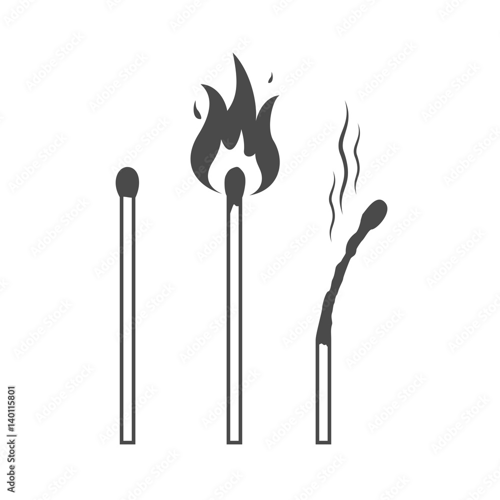 Matches icons, lighted match and burned match. Matches icons, lighted match and burned match.