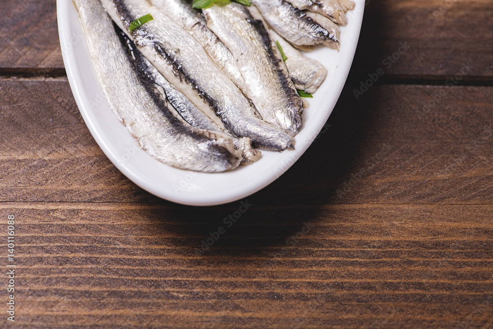 Close-up of anchovy dish with copy-space. Close-up of anchovy dish with copy-space.