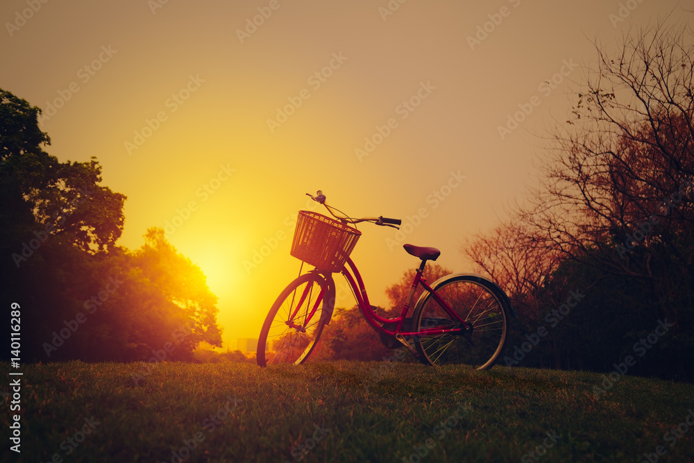 Fototapeta premium Landscape image of vintage bicycle on beautiful sunset