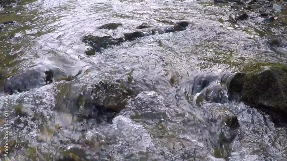 Slow motion rocky mountain stream flowing closeup in the forest. Slider dolly used.
Slow motion rocky mountain stream flowing closeup in the forest. Slider dolly used.