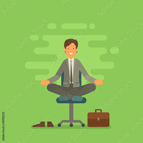 Vector illustration of businessman sitting in lotus pose. Meditating office worker on greenery trendy color 2017 background. Corporate yoga illustration in flat vector style.