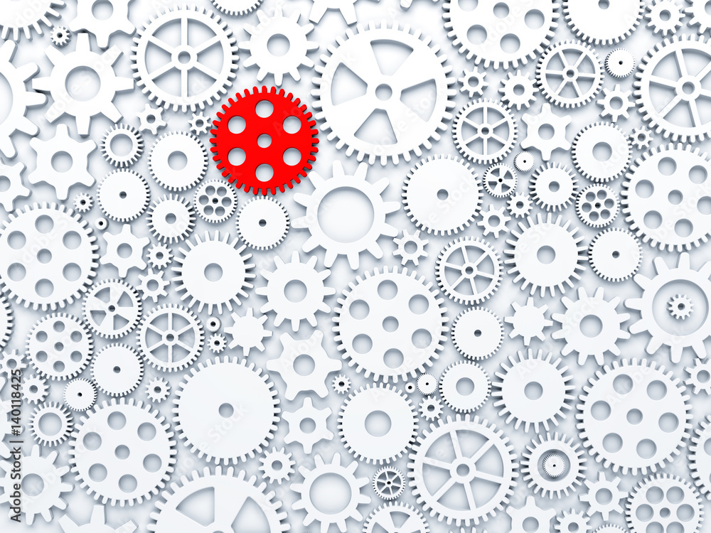Gears and cogs with one different colored in red. 3d illustration Gears and cogs with one different colored in red. 3d illustration