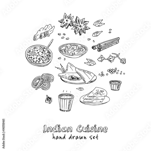 Vector hand drawn set of Indian cuisine. traditional spicy flavored dishes, desserts, beverages.