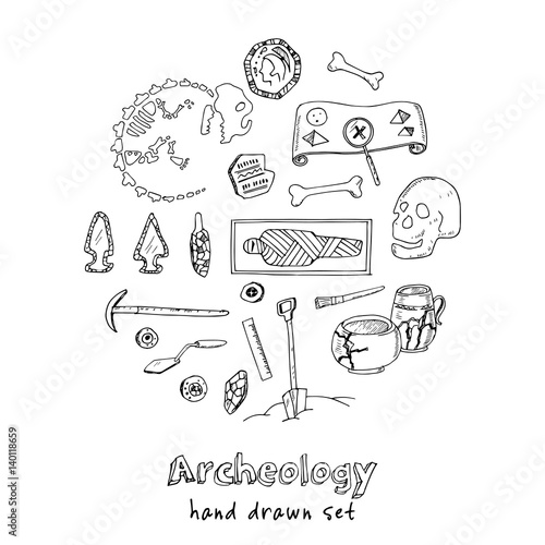 Archeology hand drawn sketch set of paleontological and archaeological ancient finds isolated vector illustration
