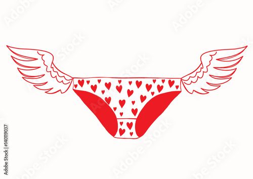 Women's panties in hearts with wings.Cute funny vector illustration.