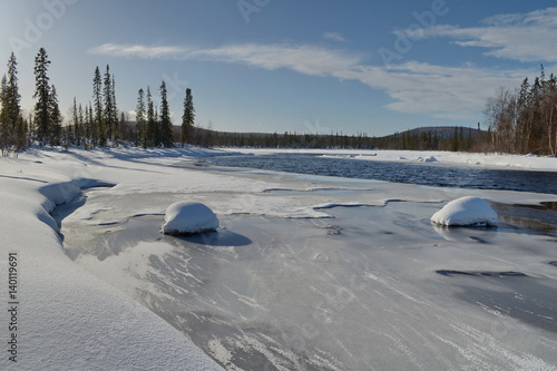 Winter landscape,river and forest. © Moroshka