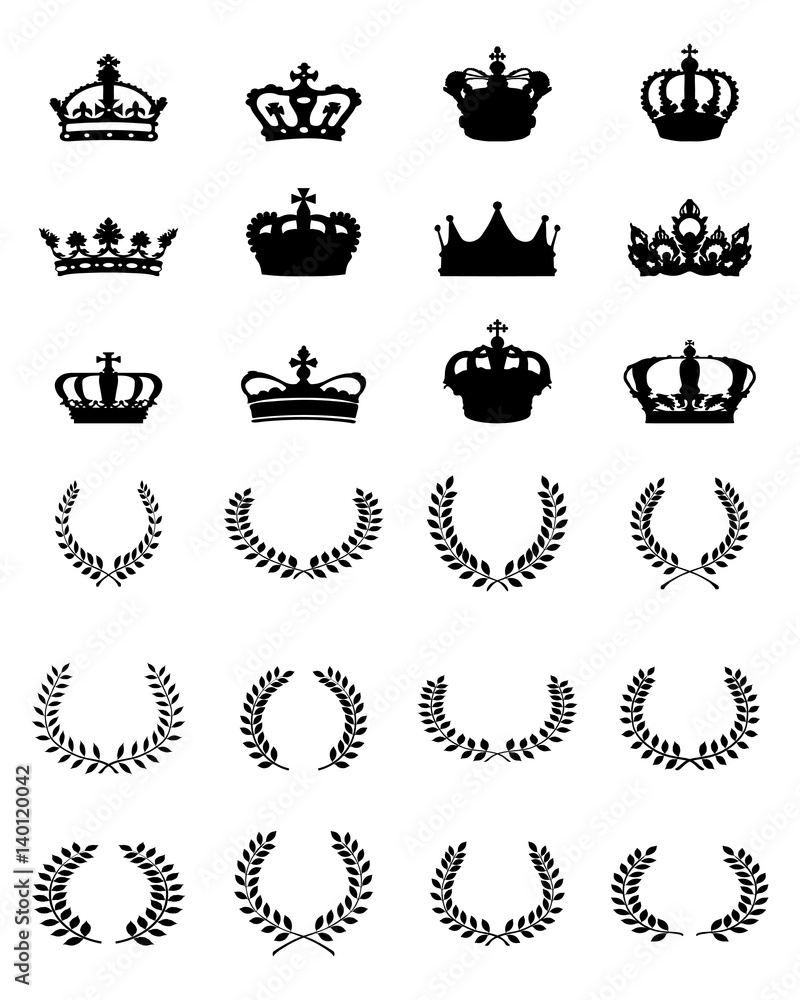 Black silhouettes of crowns and laurel wreaths