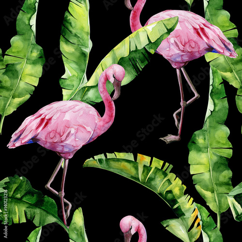 Tropical leaves, dense jungle. Banana palm leaves Seamless watercolor illustr...
