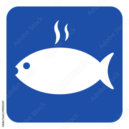 blue, white sign - grilling fish with smoke icon
