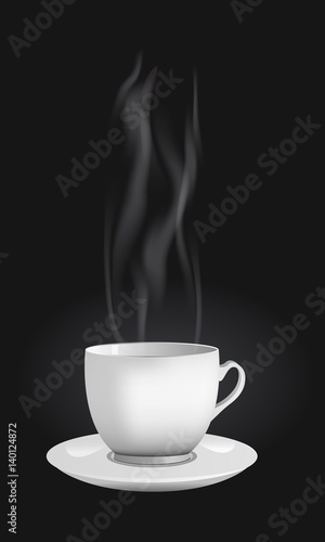 Vector realistic cup made out of white china with a hot beverage tea or coffee. Steam is vapouring high.