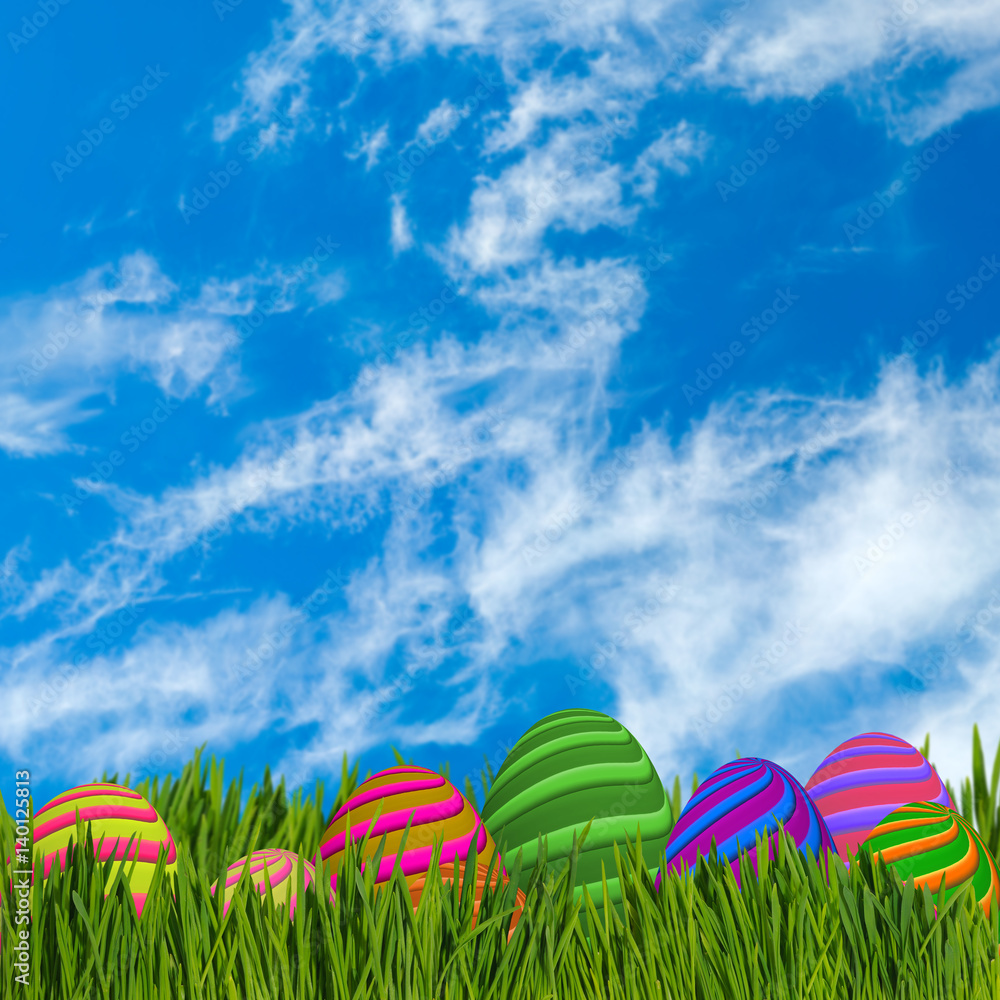  image of Easter eggs on the grass closeup