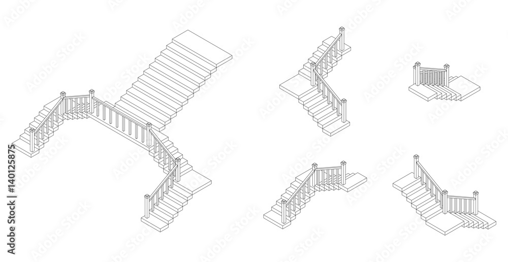 Isometric outline stairs plan with a rail. Vector illustration. Isometric outline stairs plan with a rail. Vector illustration.