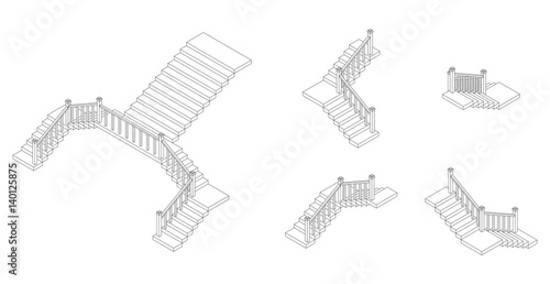 Isometric outline stairs plan with a rail. Vector illustration.