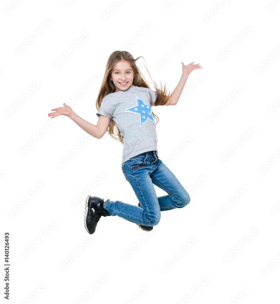 preteen girl dancing and jumping, isolated Stock Photo | Adobe Stock