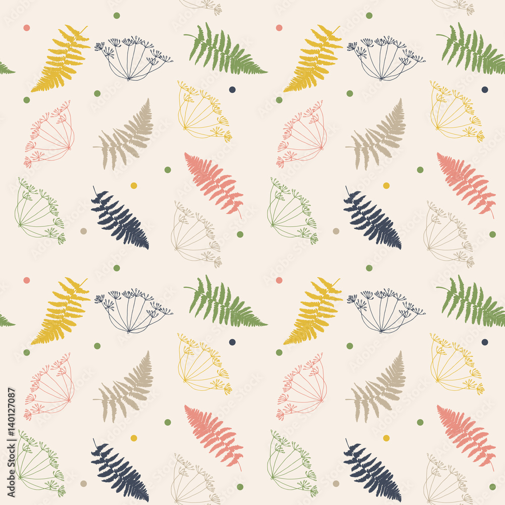 Vector floral pattern with fennel or dill flowers, fern leaves and confetti. Thin delicate line plants silhouettes and tiny dots in pastel colors on beige background
Vector floral pattern with fennel or dill flowers, fern leaves and confetti. Thin delicate line plants silhouettes and tiny dots in pastel colors on beige background