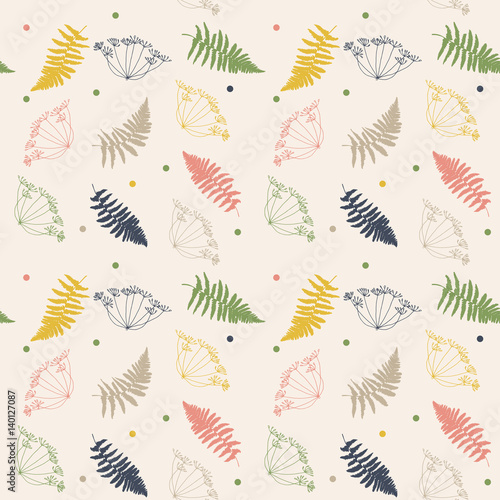 Vector floral pattern with fennel or dill flowers, fern leaves and confetti. ...