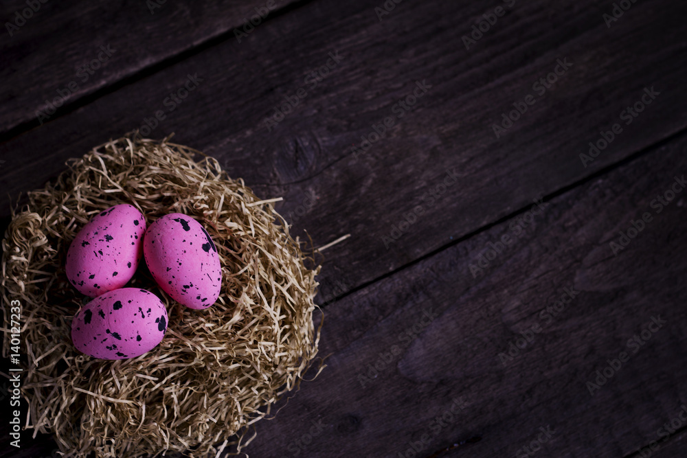 Obraz premium Easter theme. handmade Egg bokeh background, place for typography, Happy Easter