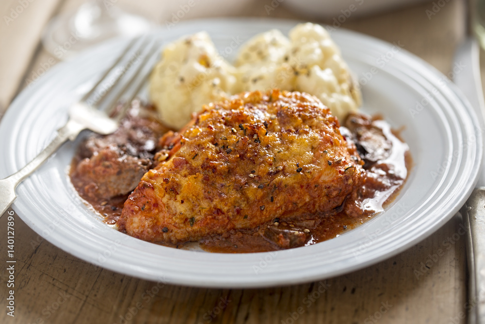 Chicken in red wine with bacon crumb and chestnut mushrooms Chicken in red wine with bacon crumb and chestnut mushrooms