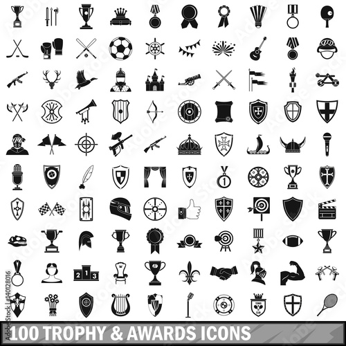 100 trophy and awards icons set in simple style 