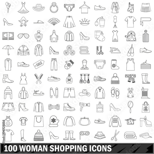 100 woman shopping icons set, outline style