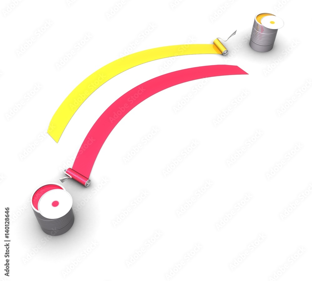 3d red and yellow paint with rollers on a white background 3d red and yellow paint with rollers on a white background