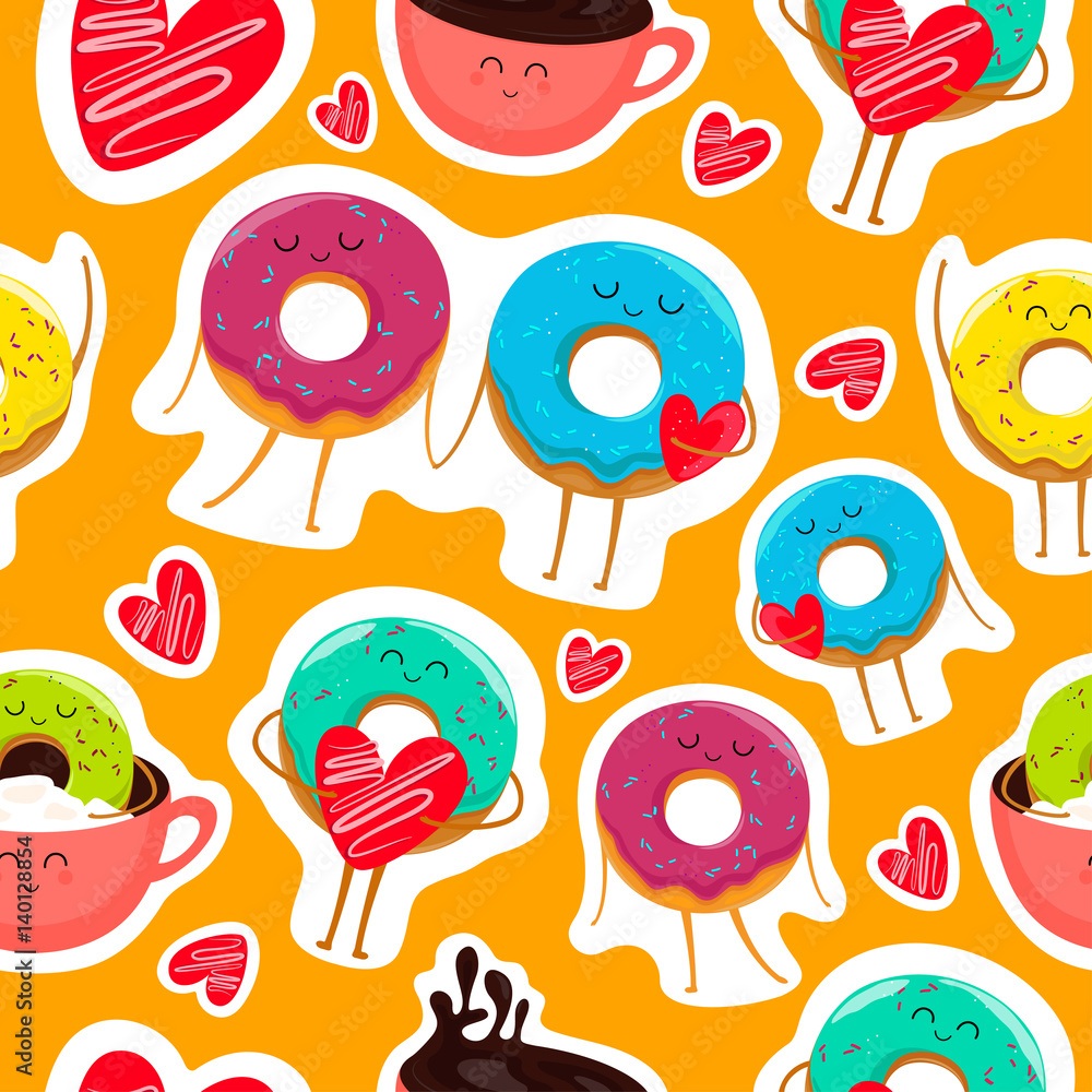 Funny cartoon donut characters stickers in leisure. Cartoon face food emoji. Donut emoticon. Funny food stickers seamless vector illustration.