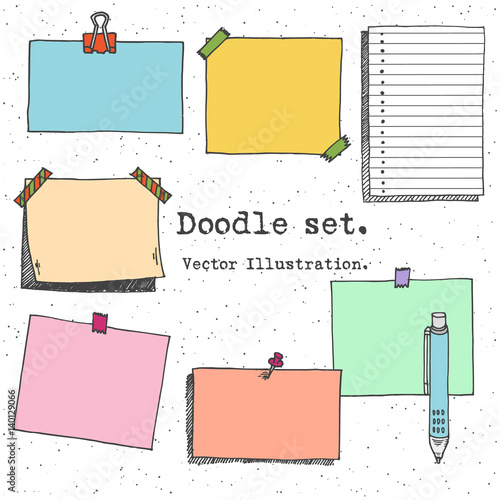 Hand drawn cartoon vector set of paper sheet, pack of paper, tag, sticky note, notepad page with pin, scotch tape and paperclip. Doodle style illustration. Collection of doodle icons