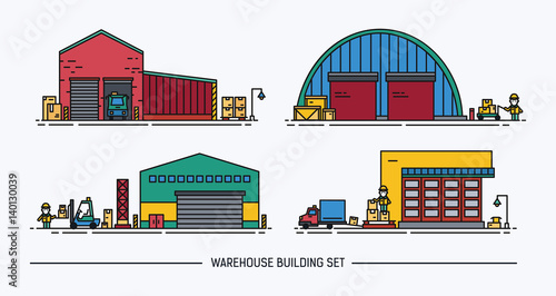 Set of warehouse buildings of different shape with freight transport. Isometric. Lineart. Colorful.