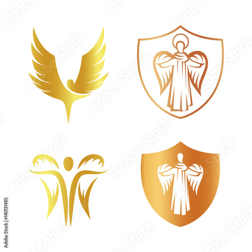 Isolated golden color angel silhouette logo set, shield with religious element logotype collection,coat of arm with archangel vector illustrations on white.