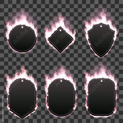 Set of six frames of different shapes with text space surrounded with realistic pink flame isolated on transparent background. Burning fire light effect. Bonfire elements. Gradient mesh vector