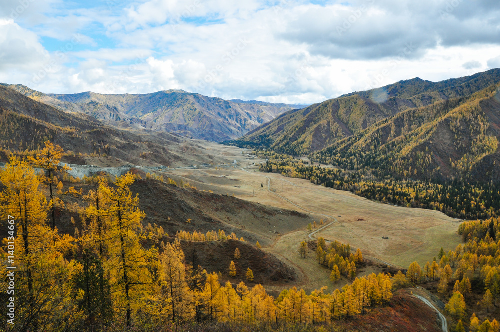 Mountains valley aerial autumn landscape, Chike-Taman mountain road pass, Altai