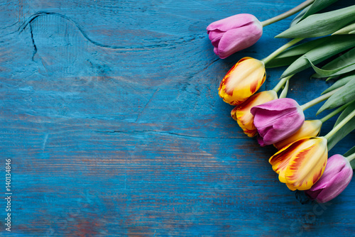 Fototapeta Naklejka Na Ścianę i Meble -  Wooden blue background and pink and yellow tulips. Conception holiday, March 8, Mother's Day.