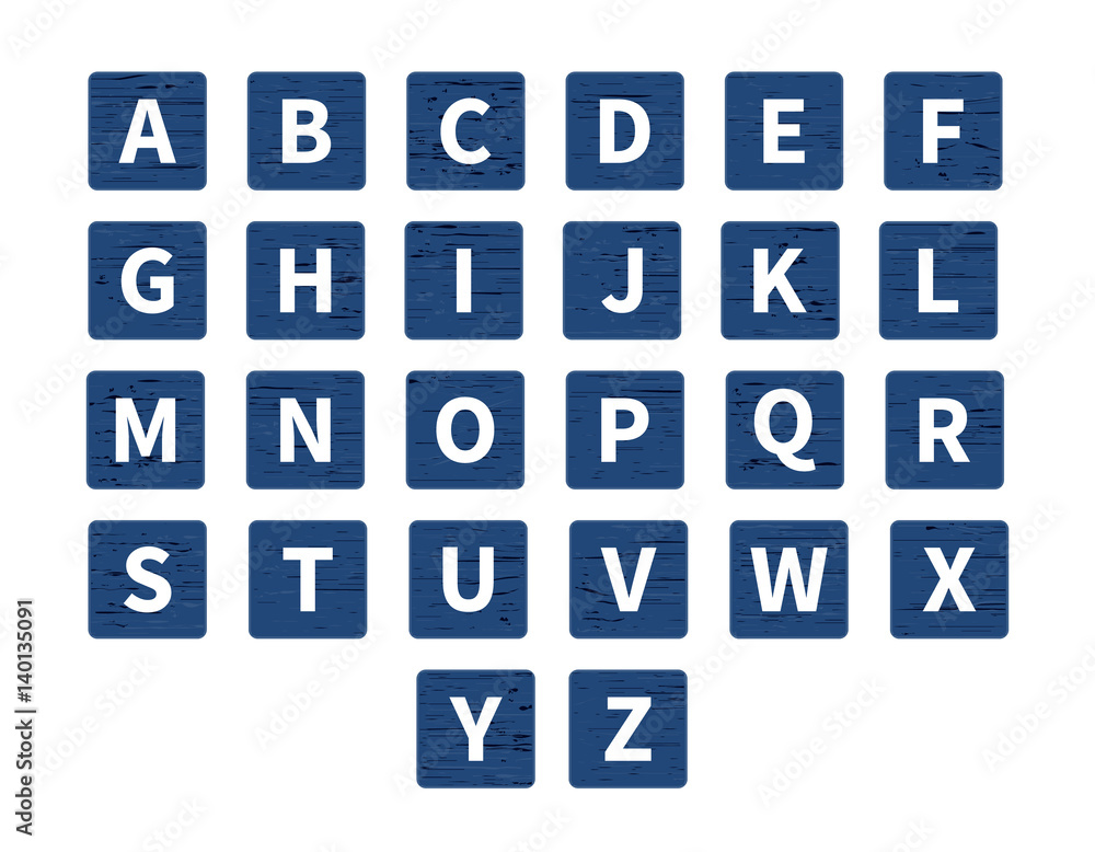 Vector word puzzling game. Alphabet on wooden tiles, front view. White symbols on navy blue wood background Vector word puzzling game. Alphabet on wooden tiles, front view. White symbols on navy blue wood background