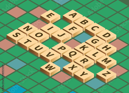 Vector isometric word puzzling game. Alphabet on wooden tiles in isometric projection. Game board background