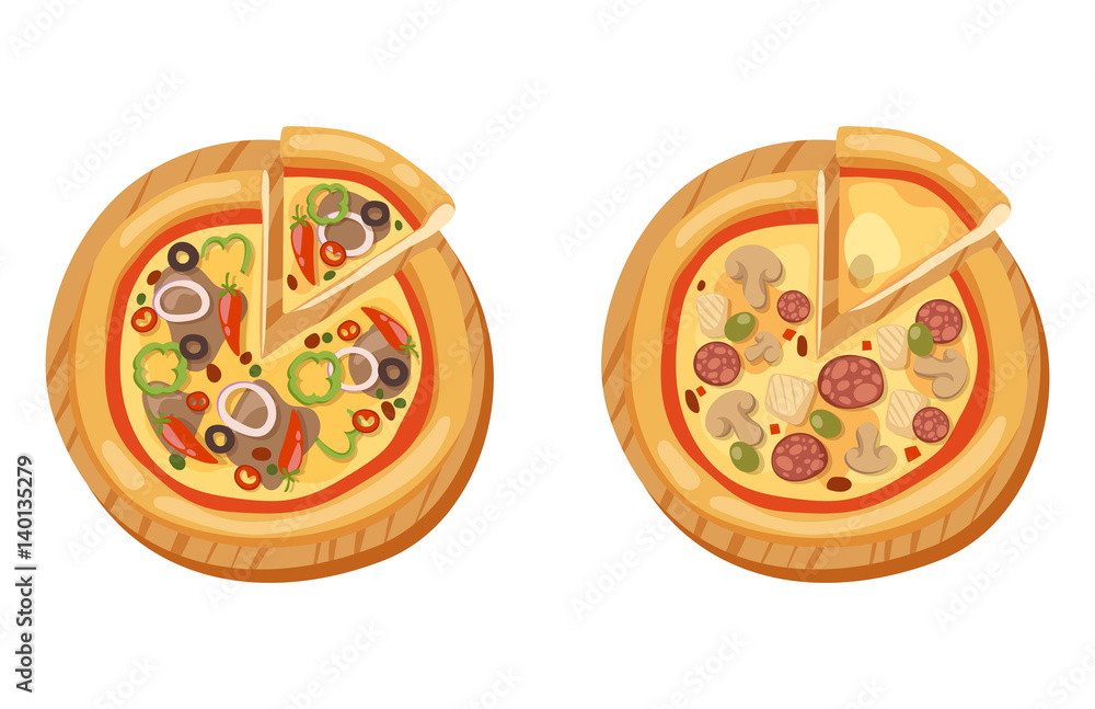 Pizza flat icons isolated vector illustration piece slice pizzeria food menu snack on white background pepperoni ingredient delivery italian set Pizza flat icons isolated vector illustration piece slice pizzeria food menu snack on white background pepperoni ingredient delivery italian set