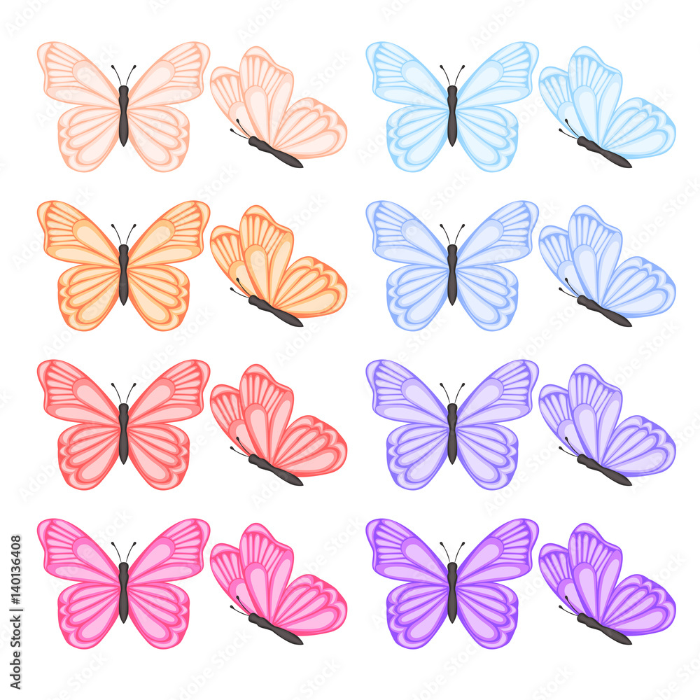 Collection of colored butterflies on a white background.