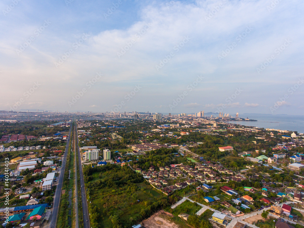 Aerial view of Pattaya city from rural area zone in the morning