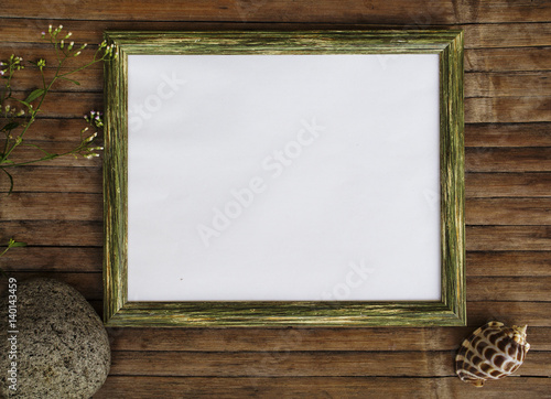 Horizontal wooden frame with white page photo background. Shabby chic design banner template