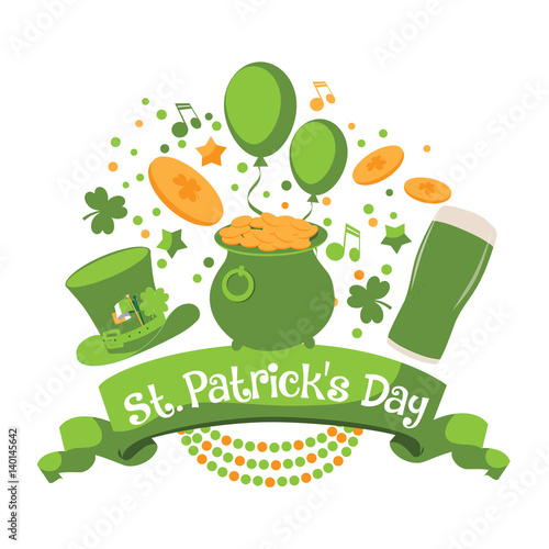 Happy Saint Patrick's Day Party festive hat, burst, text and shamrock design. For celebration of St. Patrick's Day. EPS 10 vector.