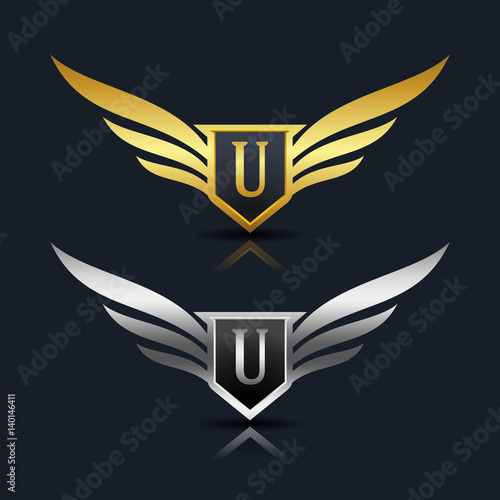 Wings Shield Letter U Logo Template 