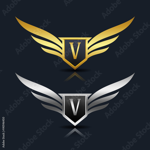 Wings Shield Letter V Logo Template 