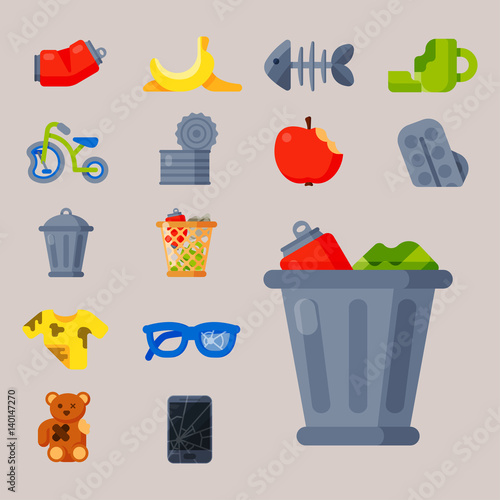 Household waste garbage icons vector illustration trash recycling ecology environment isolated recycle concept plastic paper symbol can bin eco