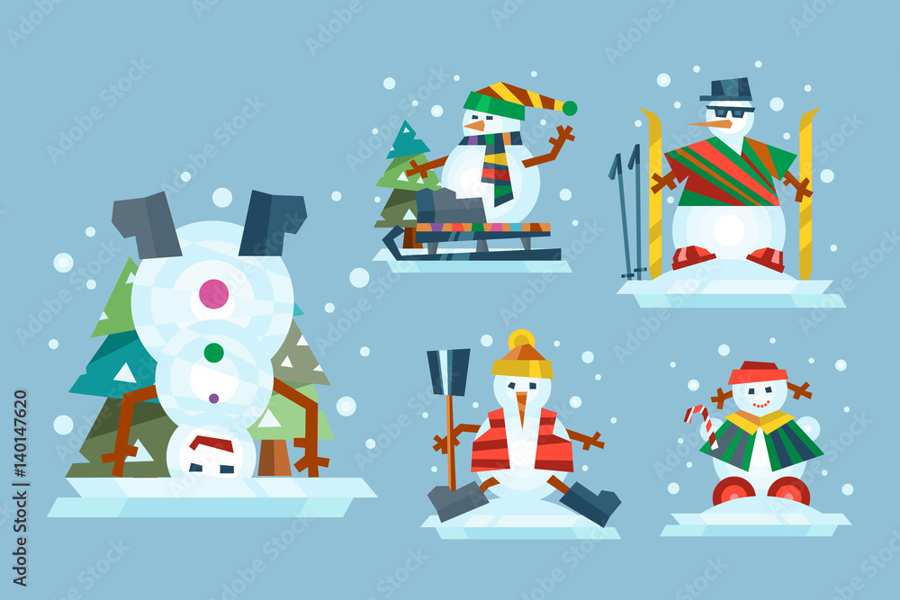 Winter holidays snowman cheerful character in cold season costume and snow xmas celebration greeting december joy ice icon vector illustration.